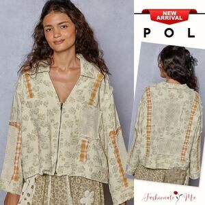 POL Raw Hem Zip Up Floral & Plaid Pattern Crochet Patches Relaxed Jacket | Sage